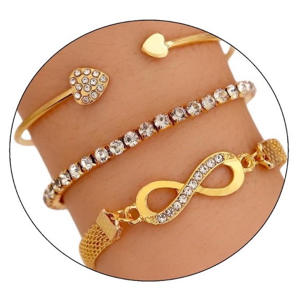 NWT Boho Rhinestone Stackable Gold Bracelet 3 Piece Set - Picture 4 of 4